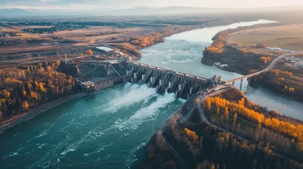 Foto op Plexiglas Concrete Dam Generating Turbulent Water Flow in Forest Valley © leftmade