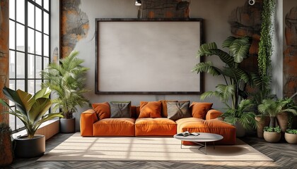 Stylish Living Room Interior with Blank frame Poster, Modern interior design. living room interior with sofa and armchair, shelf with art decoration. - 747175757