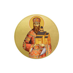Orthodox traditional image of Saint Stefan Urosh I (name). Golden christian medallion in Byzantine style on white background
