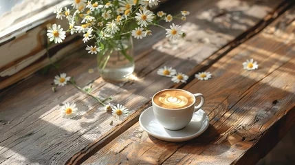 Poster Cup of natural coffee with milk and chamomile in a vase on a wooden table. © puhimec