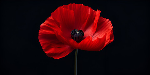 Close up view of Vibrant red poppy blossom on dramatic black background symbol of remembrance day, armistice day, Red Poppy flower close up isolated on black background, Common Poppy, Nasturtium 