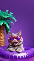 Happy animals cat swimming in the swimming pool on violet background. Vacation concept.