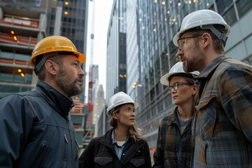 sleek photo capturing an engineer team meeting on a construction site in a modern city, all wearing worker helmets, with a backdrop of skyscrapers, showcasing collaboration and saf - obrazy, fototapety, plakaty