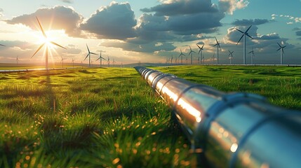 Fuel pipeline with wind turbines in the background, Renewable green energy production concept