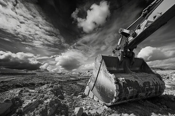excavator bucket at work, with the sky lending a sense of depth and drama to the scene, photo - obrazy, fototapety, plakaty