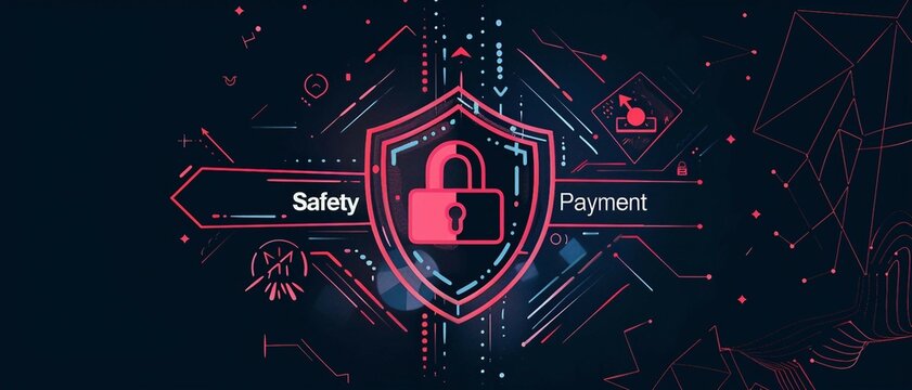 a high-tech illustration  design with the text Safety Payment. with a shield and lock icon.  the concept of safe and secure payment transactions.
