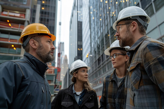 sleek photo capturing an engineer team meeting on a construction site in a modern city, all wearing worker helmets, with a backdrop of skyscrapers, showcasing collaboration and saf