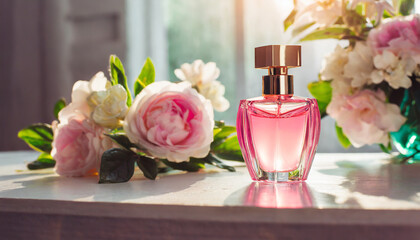 Mock-up of pink glass perfume bottle with beautiful spring or summer flowers on table. Floral aroma.