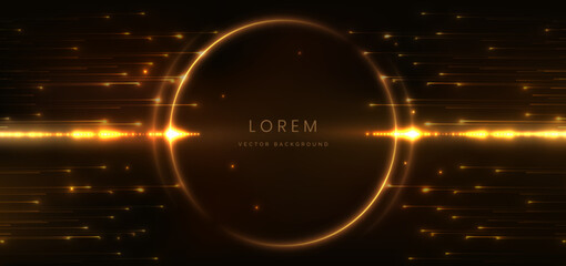 Circle glowing gold lines and gold lighting effect lines on dark brown background.