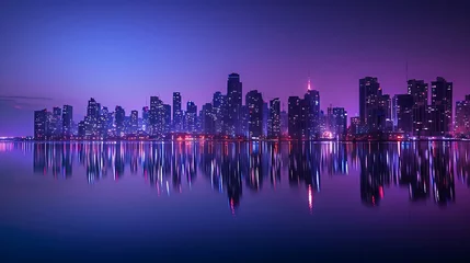 Keuken spatwand met foto Vibrant city skyline reflecting on calm waters at night. Generative Ai © Handz