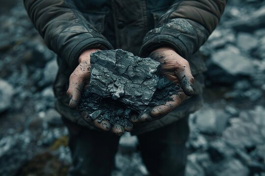 A man holding raw stone rock with coal with a space for text or product and a close shot, Generative AI.