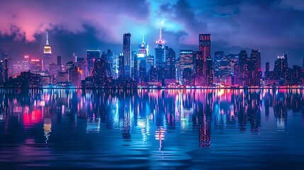 Vibrant city skyline reflecting on calm waters at night. Generative Ai