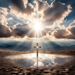 The sky is cloudy, with a dramatic appearance and light rays shining through. In the middle of the scene, there is a backlit holy cross