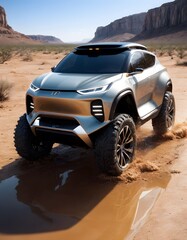 Fototapeta na wymiar Reflecting off the desert surface, this silver electric off-road concept vehicle illustrates high-tech design combined with the thrill of adventure.