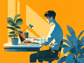 Focused Man Working from Home Surrounded by Houseplants Illustration