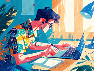 Illustration of a Focused Male Freelancer Working on a Project in a Home Office