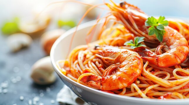 Delicious pasta with seafood shrimps on blurred restaurant background, copy space for text