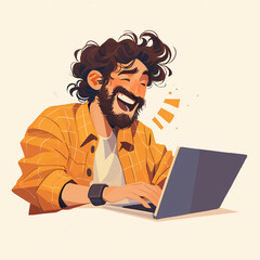 Bearded Man Laughing While Using Laptop in Casual Outfit Illustration