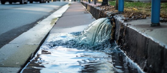 A fire hydrant on a town road spewing out water uncontrollably onto the street, creating a small flood in the area. This water leak appears to be from a faulty water pipe, causing inconvenience and - obrazy, fototapety, plakaty