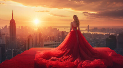 Background The sun sets over the city skyline creating a romantic and whimsical backdrop for your red carpet appearance in your playful and gl dress. - obrazy, fototapety, plakaty