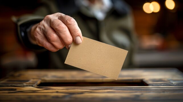 Confident woman casting her vote at a modern polling station during an election.