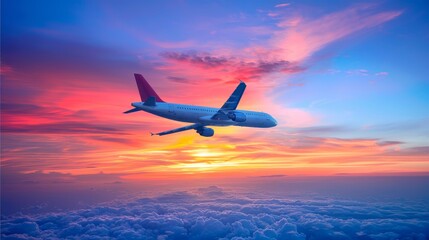 Fototapeta premium Panoramic view of modern passenger airplane flying silhouetted against a beautiful sunset sky