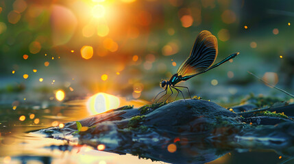 Dragonfly on the river bank during sunset. Love