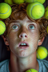 A teen boy with a dreamy expression looks up at a shower of tennis ball, loves tennis - 747178957