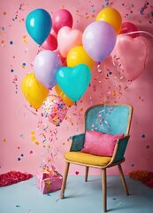the concept of a room decorated for a birthday, a chair, balloons, confetti