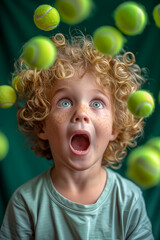 A child boy with a dreamy expression looks up at a shower of tennis ball, loves tennis - 747178983