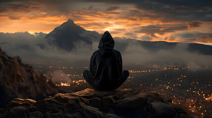 Man in black hooded hat sitting on a rock and looking.  - obrazy, fototapety, plakaty
