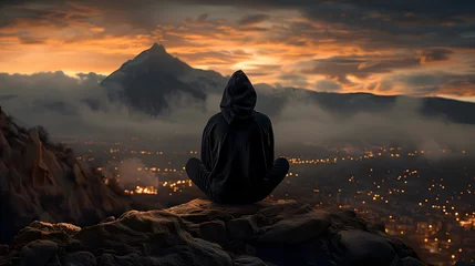 Fotobehang Man in black hooded hat sitting on a rock and looking.  © john