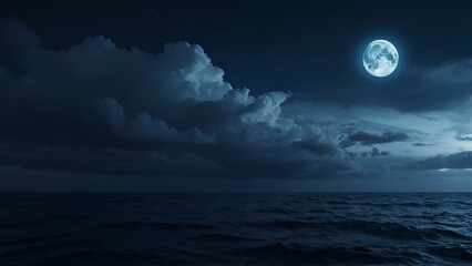 Fototapeta na wymiar full moon over the sea, midnight cloudy sky.
