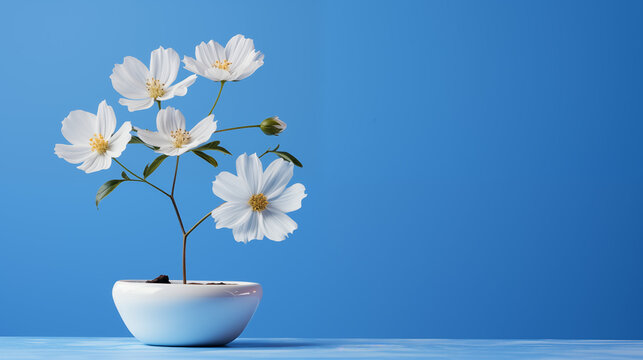 Petite fleur blanche dans un petit bol, sur une table. Arrière-plan bleu. Nature, fleurs, plantes. Espace vide de composition, fond pour conception et création graphique