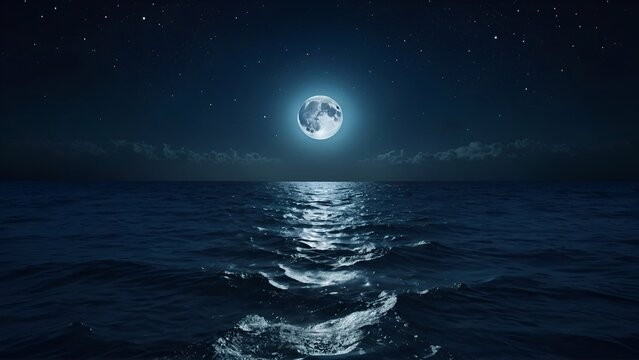 full moon over the sea, cloudy night sky.