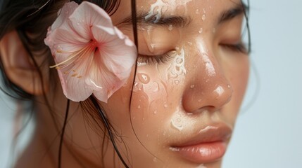 A close-up of a woman's face with closed eyes adorned with a single pink flower and her skin glistening with droplets of water evoking a sense of tranquility and natural beauty. - Powered by Adobe