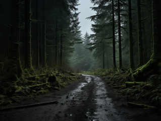 Dunkler Wald mit Nebel, Moos und einem dreckigen Weg, europäischer Urwald - obrazy, fototapety, plakaty