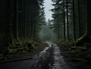 Foto op Plexiglas Dunkler Wald mit Nebel, Moos und einem dreckigen Weg, europäischer Urwald © GreenOptix