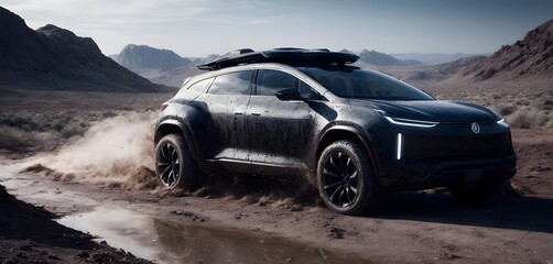 Fototapeta na wymiar A modern SUV coated with dust showcases its off-road capability in a desolate desert landscape. The vehicle's dynamic stance and dirt-splattered body emphasize its adventurous spirit.
