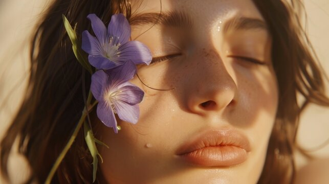 A close-up of a woman's face with closed eyes adorned with a single purple flower resting on her eyelashes set against a soft-focus background evoking a serene and dreamy atmosphere.