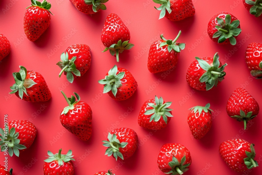 Wall mural Arrangement of juicy strawberries on a vibrant red background, with a single berry placed in the center - Wall murals
