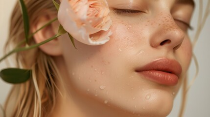 A close-up of a woman's face with closed eyes adorned with a single pink rose petal and her skin glistening with dewdrops. - Powered by Adobe