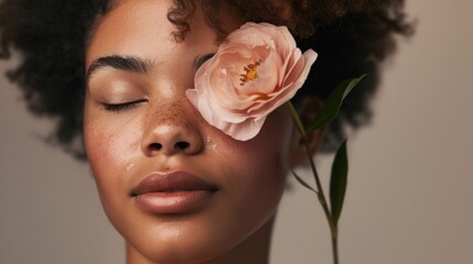 A serene portrait of a person with closed eyes adorned with a single pink rose resting on their eyelid set against a soft blurred background. - 747179723