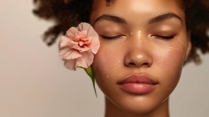 A serene close-up of a person with closed eyes adorned with a single pink flower exuding a sense of tranquility and natural beauty.