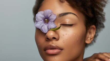 A woman with closed eyes a serene expression and a single purple flower resting on her eyelid with a few droplets of water on her face set against a soft light background. - obrazy, fototapety, plakaty