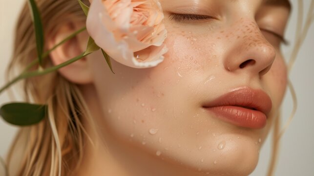 A close-up of a woman's face with closed eyes adorned with a single pink rose petal and her skin glistening with dewdrops.