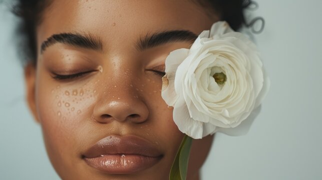A woman with closed eyes a serene expression and dewy skin with a white rose petal gently resting on her closed eyelid.
