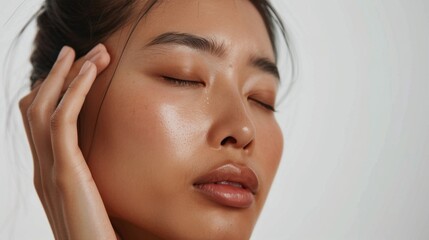 Naklejka premium A close-up of a woman's face with her eyes closed and hand gently resting on her cheek conveying a sense of relaxation or contemplation.