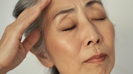 Naklejka premium An elderly woman with closed eyes her hand gently resting on her forehead conveying a sense of relaxation or contemplation.