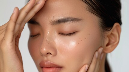 A close-up of a woman's face with her eyes closed showcasing a glowing complexion and a serene expression with her hands gently resting on her cheeks.